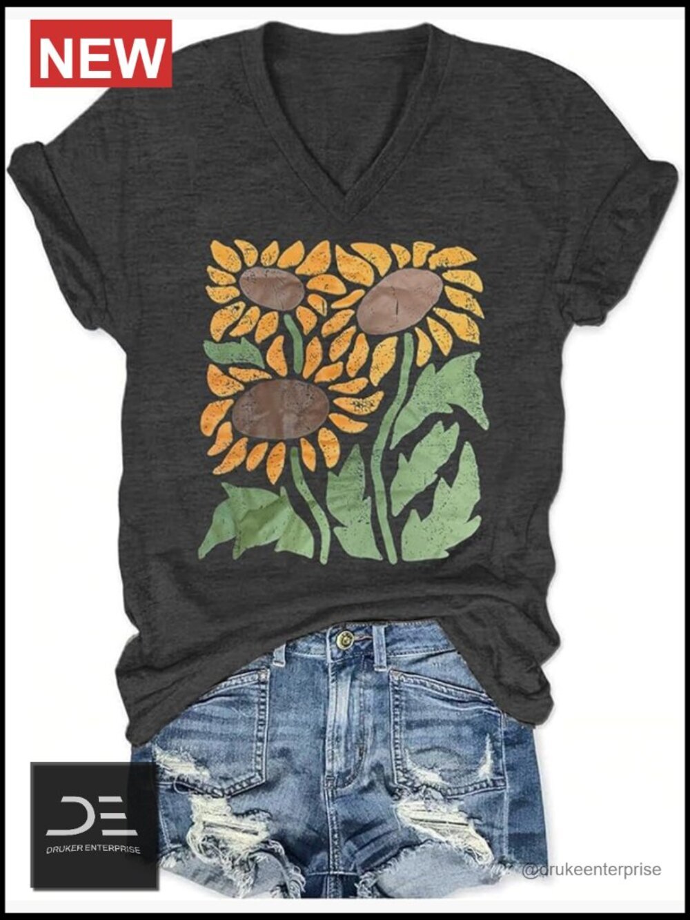 Vintage Floral Graphic V-Neck Short Sleeve Tee Loose Summer Top